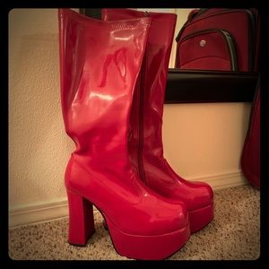 Red Knee High Platform Boots